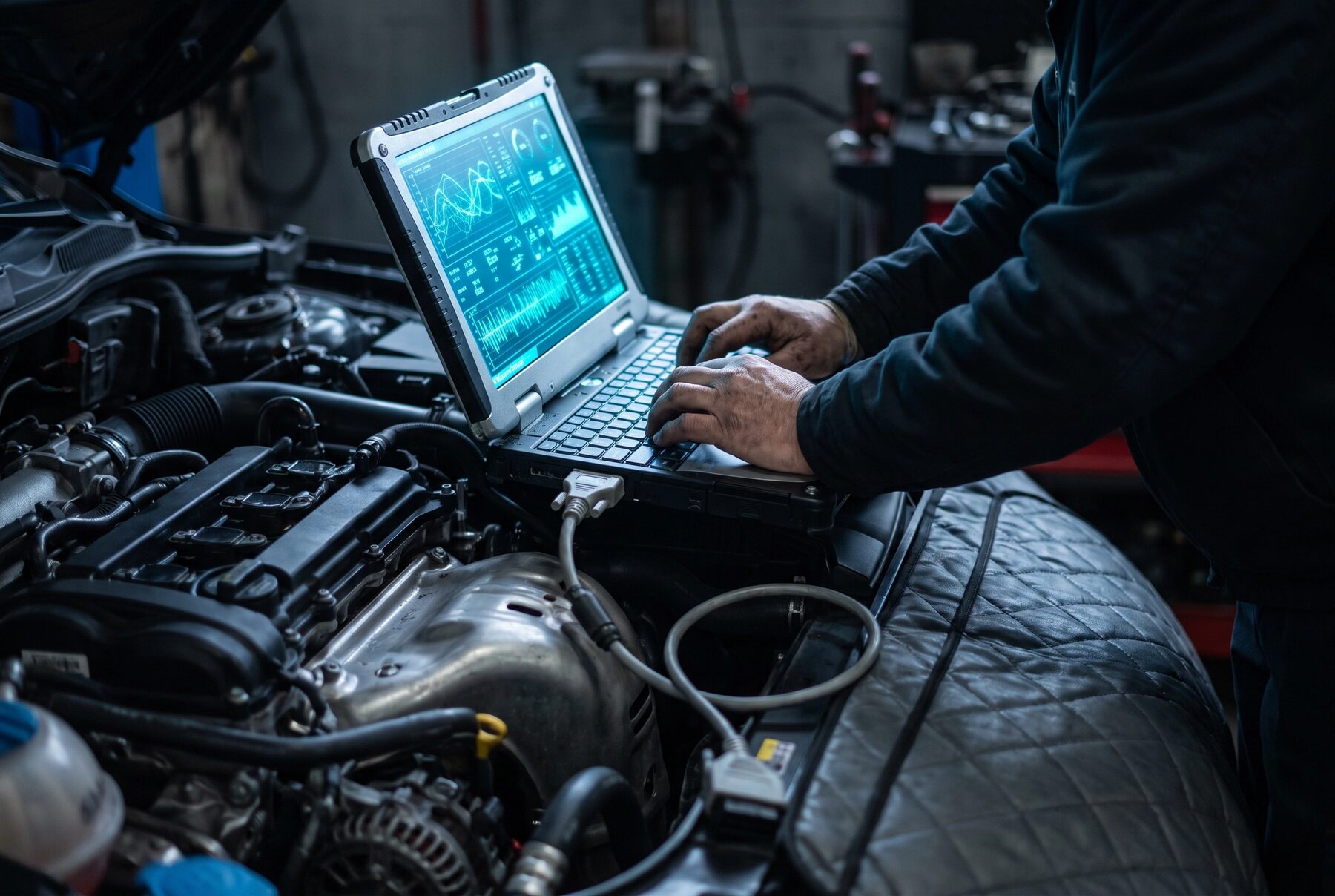 A calibration engineer working on a laptop balanced on a fender cover over an open engine bay.