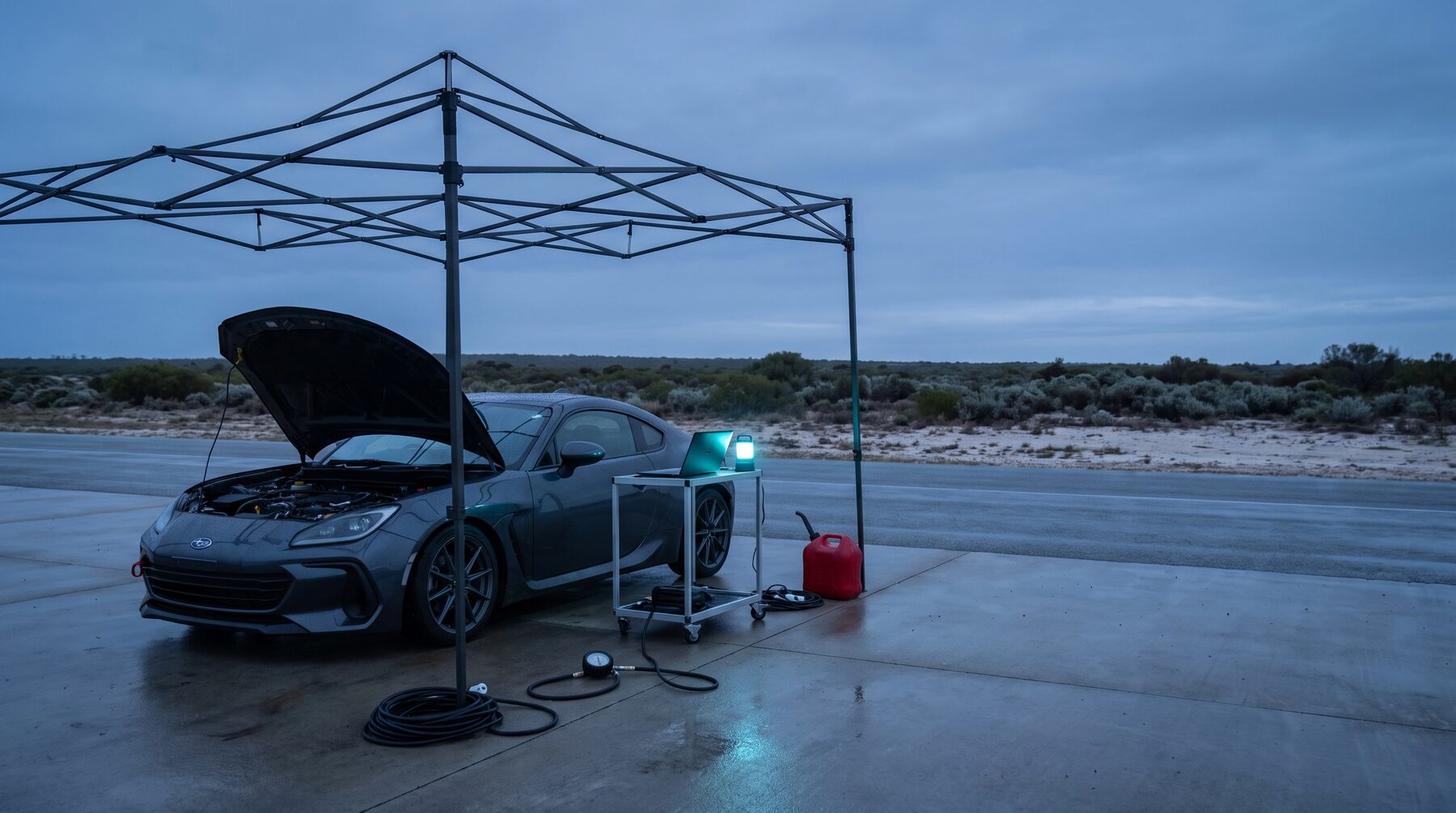A track prepared car in a circuit paddock at dawn, bonnet up, with a laptop on a trolley beside it.